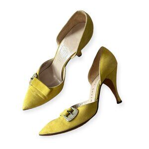 Vintage Herbert Levine Yellow Suede D’Orsay Pumps Rhinestone Buckle 1950s